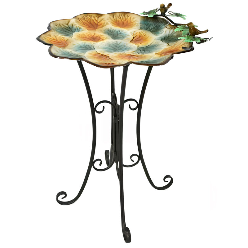 Colourful Painted Metal Bird Bath-Green/Yellow Flower