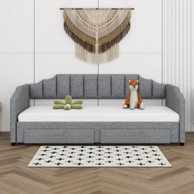 Twin XL To King Size Upholstered Daybed, Twin XL Size Extendable Upholstered Daybed With Two Storage Drawers And LED Light