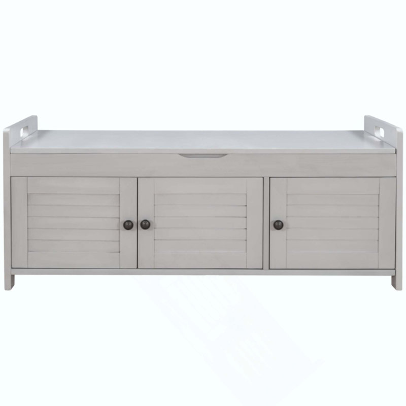 Banc de rangement rustique avec 3 portes à volets, coussin amovible et rangement dissimulé à plateau relevable, banc à chaussures polyvalent