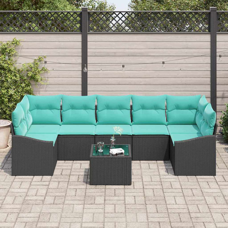  Sofa Set With Cushion 8 Pcs Poly Rattan, Blue Cushion/Black Frame