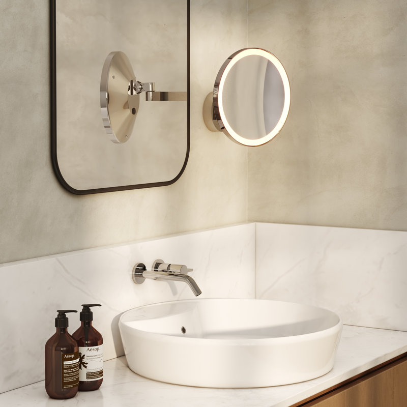 Nagoya Round Metal Lighted Wall Mirror, Polished Chrome
