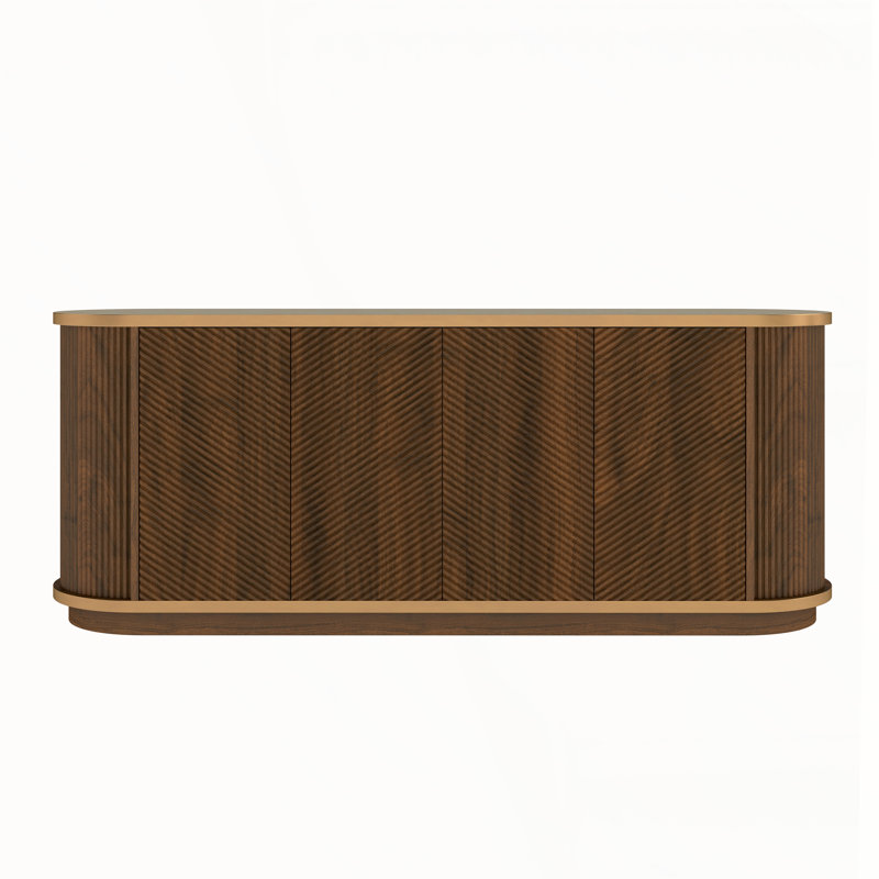 Buffet diagonal cannelé 63 po avec bordure dorée et plateau en faux marbre, Brun / or