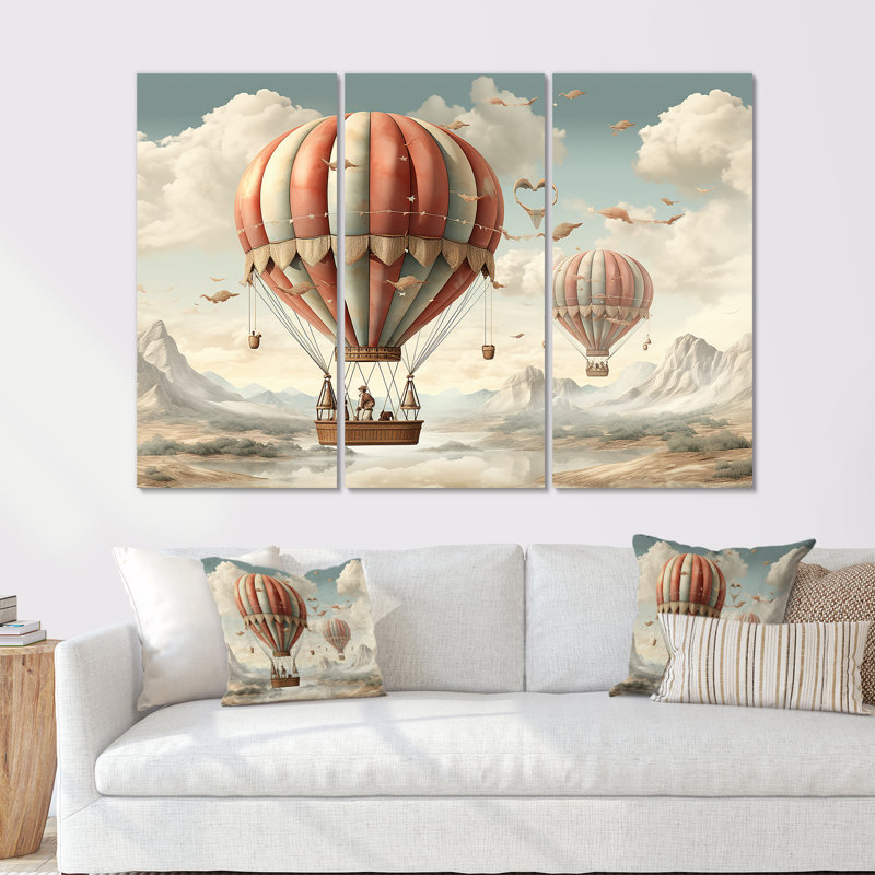 «A Playful Hot Air Balloon Bliss II» - ensemble d'art mural à montgolfière, H 32 po x l 48 po x P 1 po, Toile tendue