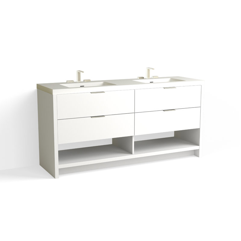 Vue 72" W Freestanding Double Bathroom Vanity, Matte White/Single, Polished Nickel, White Nanomatte
