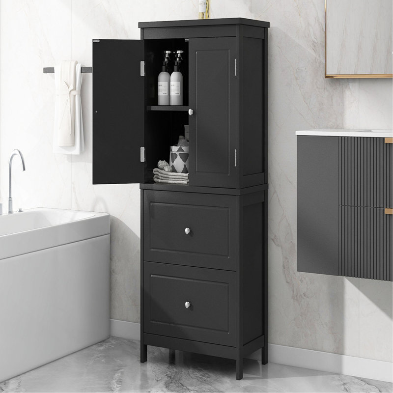 Bathroom Storage Cabinet, Cabinet With Two Doors And Drawers, Adjustable Shelf, MDF Board, Black