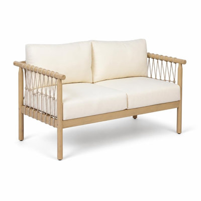 Causeuse d'extérieur surdimensionnée avec structure en bois d'acacia résistant aux intempéries et accoudoirs en corde tissée à la main, sièges de patio spacieux avec coussins moelleux épais