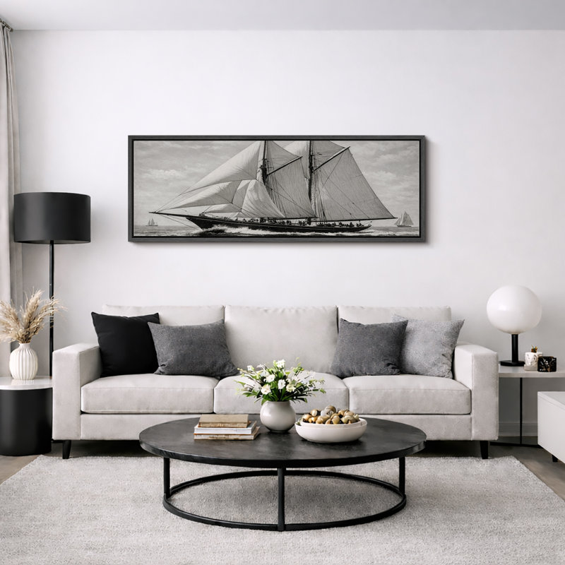 Impression d'art sur toile encadrée noir et blanc rétro voilier océan très grandes photos, Noir, H 20 po x l 60 po x P 1,5 po