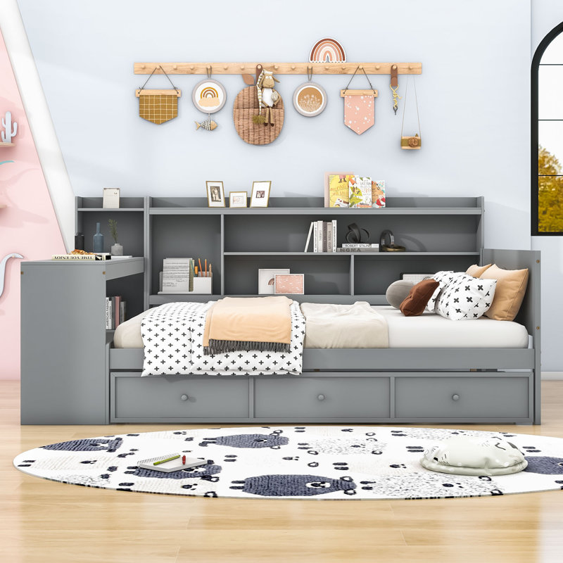Three Drawers Daybed with USB Ports, Desk and Shelves, Grey, Full/Double