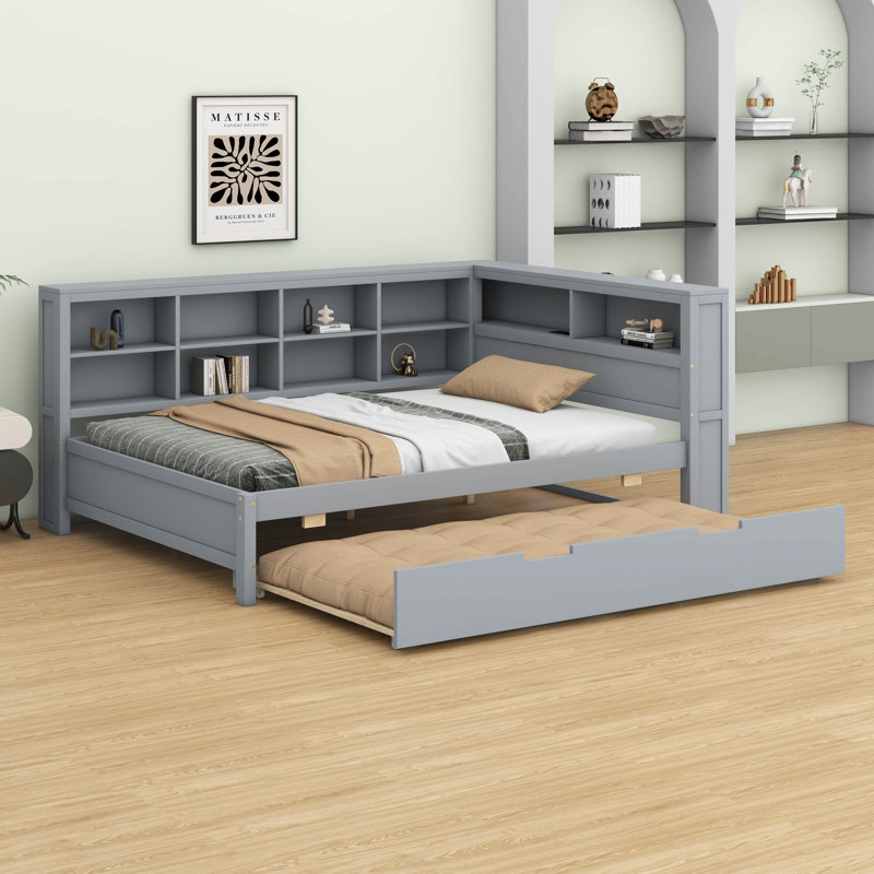 Lit de jour moderne en L avec rangement en bois - Lit gigogne simple, tablettes, station de charge USB et cadre de plateforme | Aucun sommier requis (filles, garçons, adolescents)