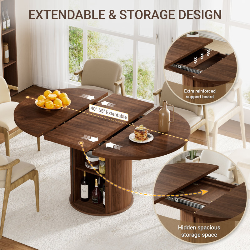 55"W Extendable Round Dining Table for 4–6 with Fluted Base & Large Space Storage Cabinet Oval Dinner Kitchen Table for Kitchens, Dining/Living Rooms
