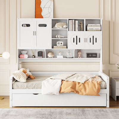 Lit de jour en bois avec lit gigogne, armoire et tablette tout-en-un