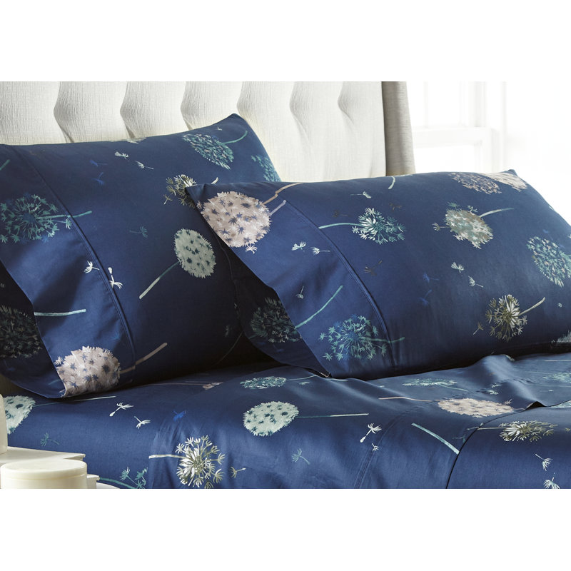 Ensemble de draps 100% coton 300 fils Dandelion Dreams Collection, Bleu, Très grand californien