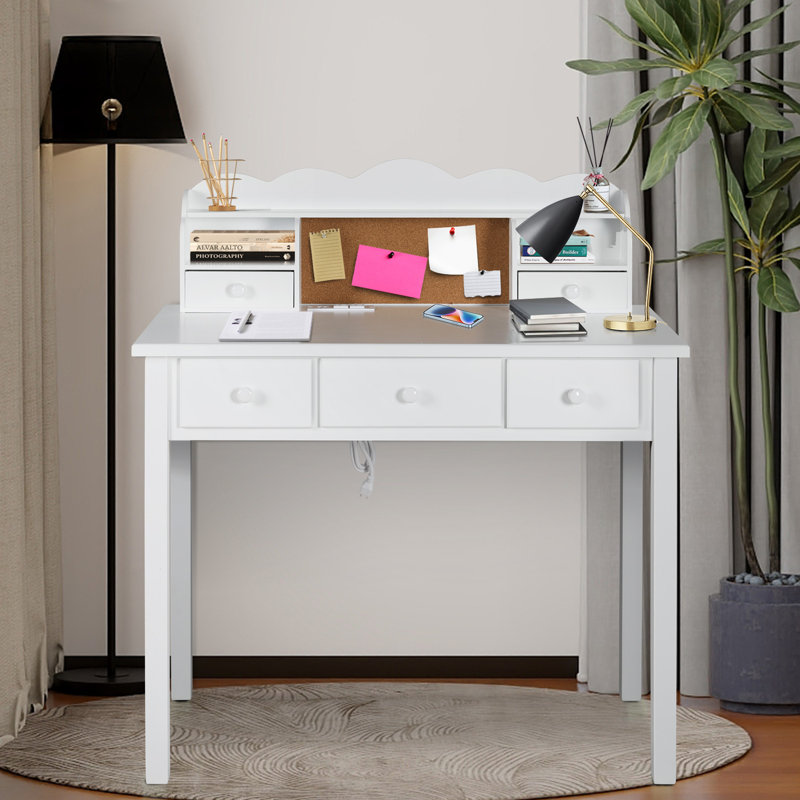 Mailiah Solid Wood Base Writing Desk with Power Outlet, White
