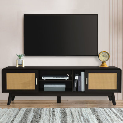 Meuble télé 63 po en rotin foncé avec 2 armoires, pieds en bois massif, console multimédia pour le salon et la chambre à coucher, meuble télé