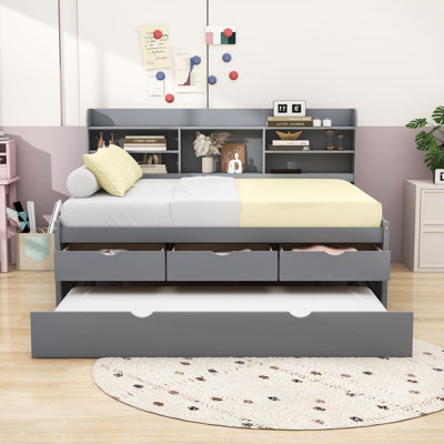 3 Drawers Full Wooden Captain Bed with Twin Trundle and Shelves by Lark Manor