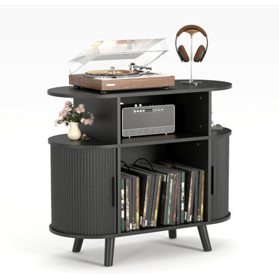 35" Mid Century Modern Turntable Cabinet, Round Wood Record Player Stand with Charging Station, Fluted Arched Storage Shelf for Living Room & Bedroom, Black