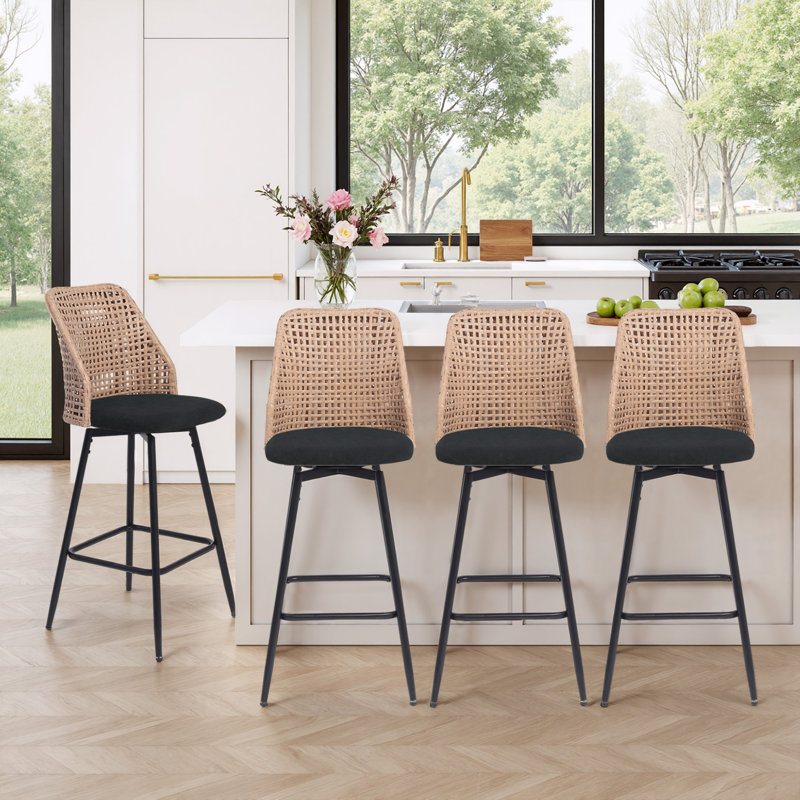 Upholstered Black Rattan Full Back Counter Swivel Bar Stool, Black