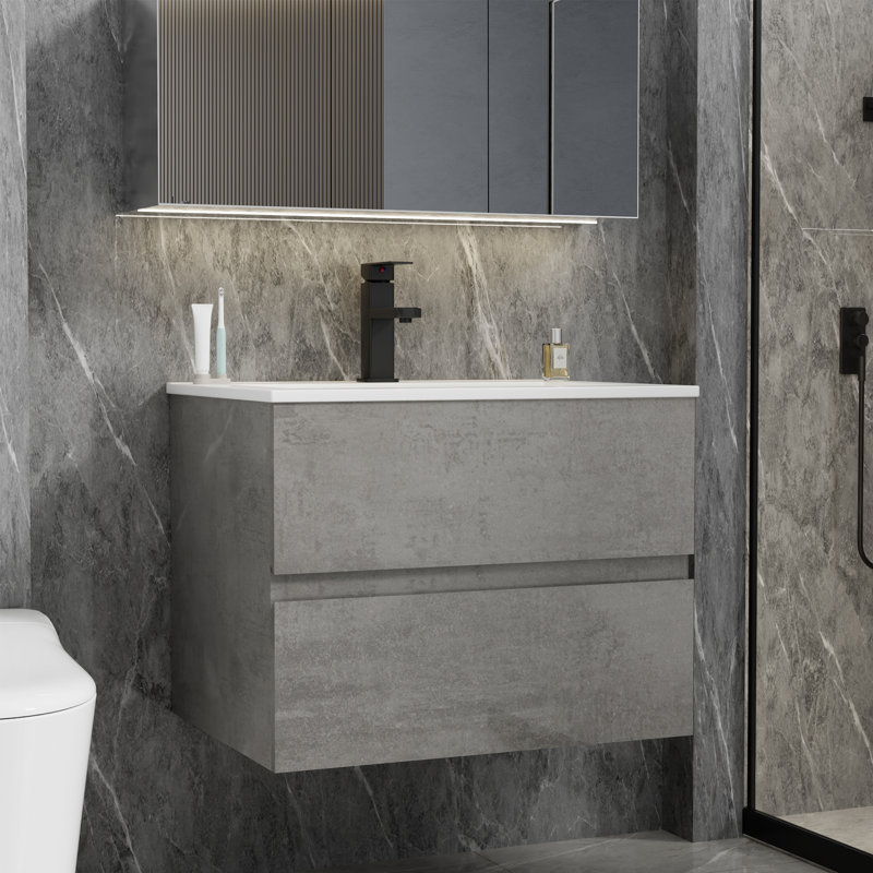 Meuble-lavabo mural moderne de 24 po avec comptoir en céramique Jadaya Sharee, Ciment gris