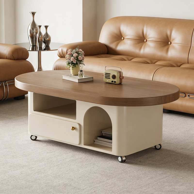 Table basse moderne avec tiroir de rangement à roulettes, Brun / Beige, H 16,53 po x l 47,24 po x P 23,62 po