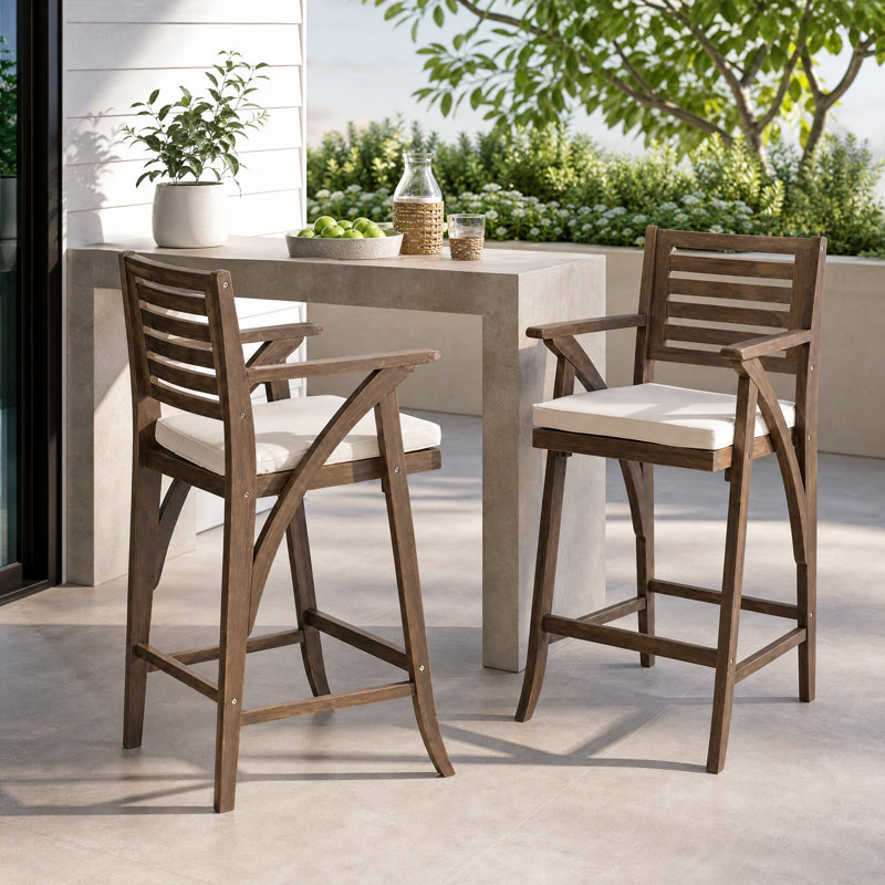 Tabourets de bar d'extérieur en bois d'acacia avec coussins, ensemble de 2