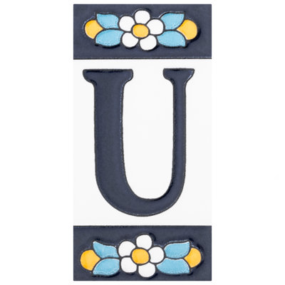 Sevillano 2.13" x 4.38" Ceramic Floral Address Letter Wall Tile in White/Blue