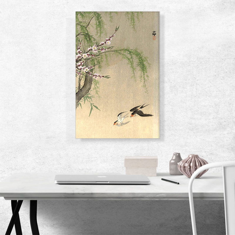«Two Barn Swallows in Flight with Willow Branch and Flowering Cherry» par Ohara Koson - reproduction d'art sur toile tendue