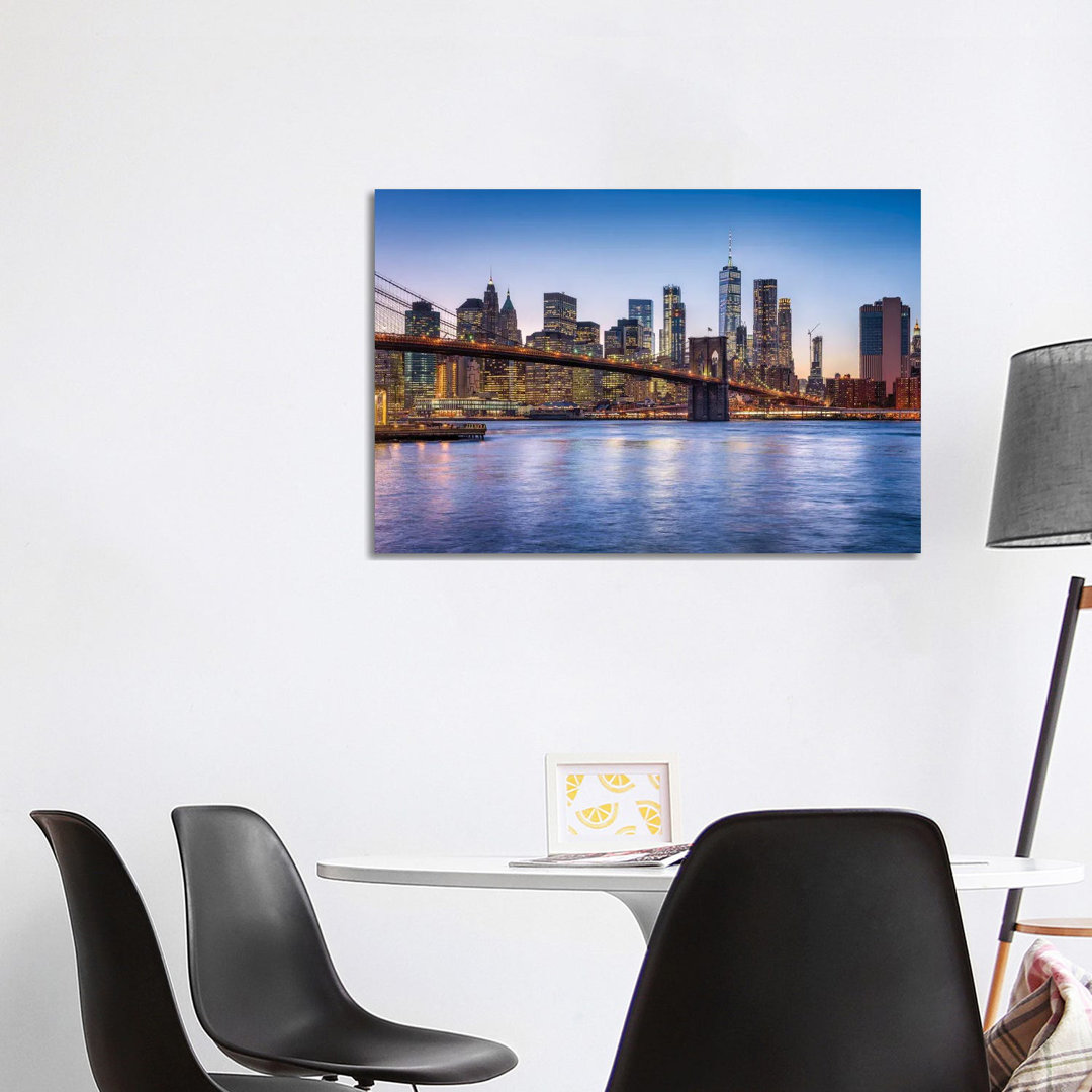 Brooklyn Bridge And Manhattan Skyline At Dusk by Jan Becke - Wrapped Canvas Print