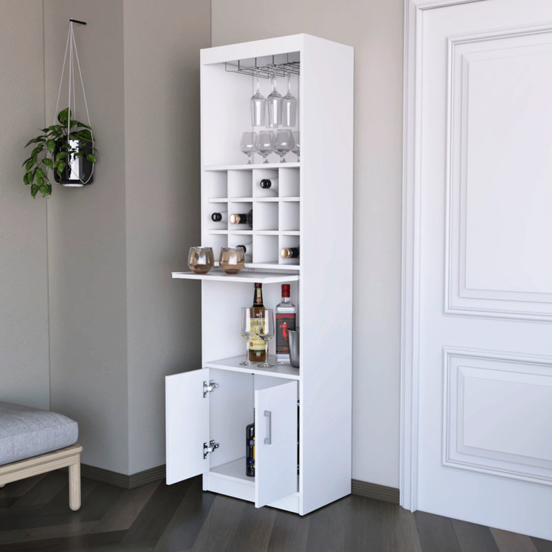 White Bar Cabinet For Wine Arranging And Display Feature - 15 Shelves, 2 Doors, Engineered Wood 13.3 Inches Deep, Construction