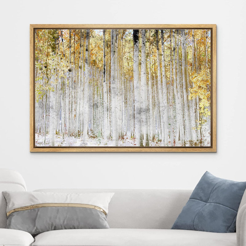 Aspen Birch Autumn Fall White Birch Tree Forest with Yellow Leaves Nature Landscape Rustic on Canvas, Encadré naturel