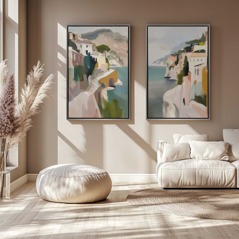 Ensemble de 2 estampes Cliffside Coastal Path, 30 po x 20 po, Cadre américain en érable flottant