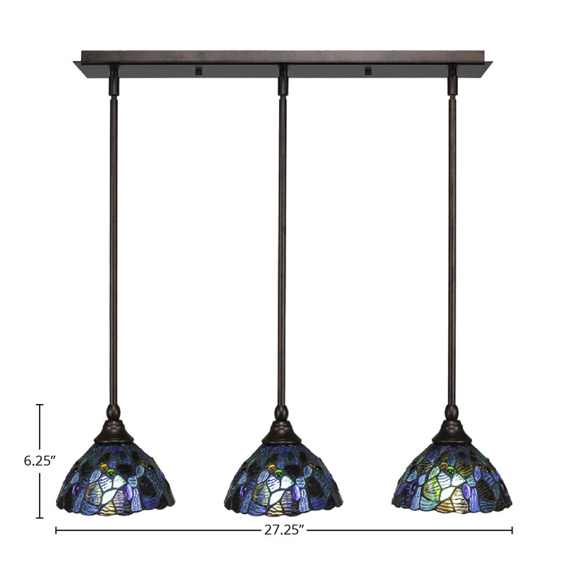 Luminaire suspendu en mosaïque bleu 3 "à 3 lumières, Bronze