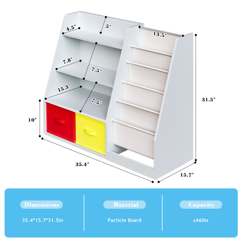 Étagère à livres pour enfants avec 2 tablettes de rangement pour jouets, Bleu grisâtre
