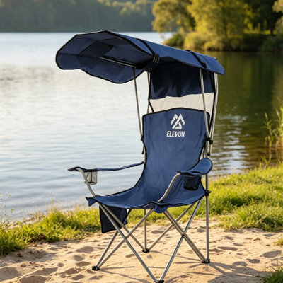 Oversized Folding Camping Chair with Canopy, Oxford Fabric & Steel Heavy-Duty Beach Chair with Cup Holder & Carry Bag, Portable Fishing Chair for Picnics, Camping & Backyard