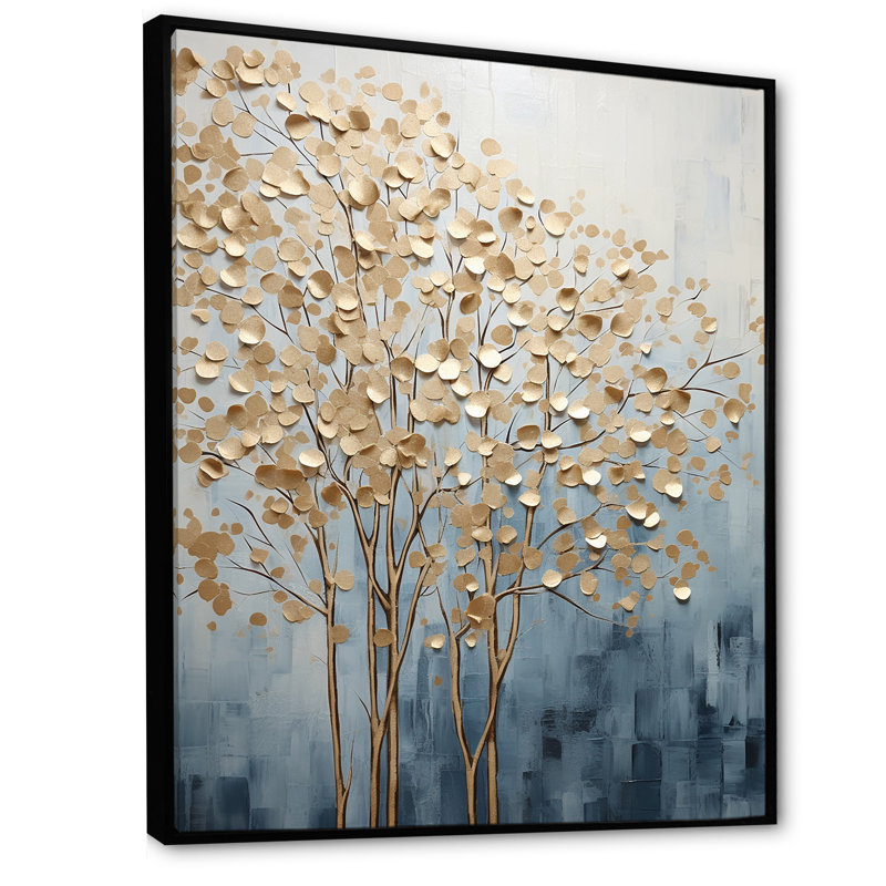 Minimalisme, arbres dorés et bleus scène VII - arbres, art mural, H 20 po x l 12 po x P 1 po, Cadre flottant noir