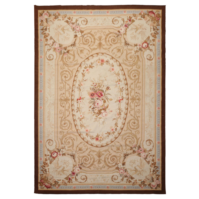 Tapis floral traditionnel en laine tissé à la main ivoire Aubusson 7 x 9 pi 11 po