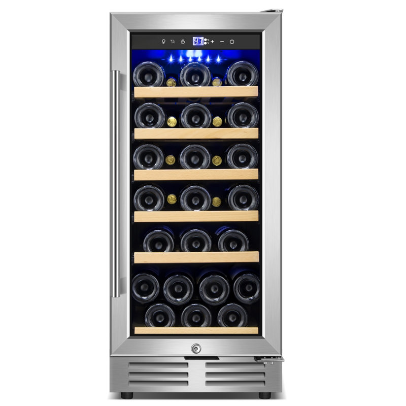 15 Inch Single Zone Wine Refrigerator, Mini Wine Cooler, Holds 30 Bottles, Built-In or Freestanding with LED Light, Safety Lock, Removable Shelves – In Silver and Black Options
