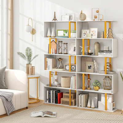 2 PCS Geometric Bookcase S-Shaped Bookshelf w/ Metal Frame Gold by Mercer41