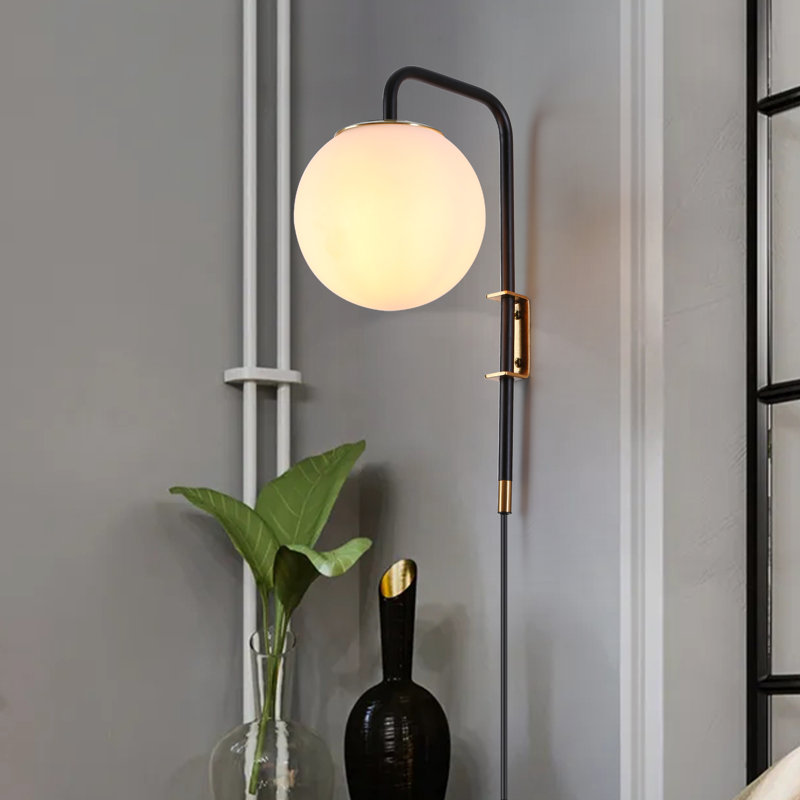 Kandace Mid Century Plug-in Wall Sconce With Round Lampshade Industrial Brass Hanging Light Fixture