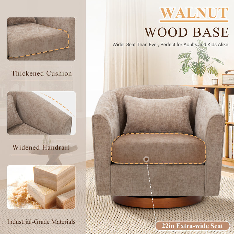 Fauteuil demi-tonneau pivotant avec base en bois massif et coussin décoratif, Mélange de polyester brun clair