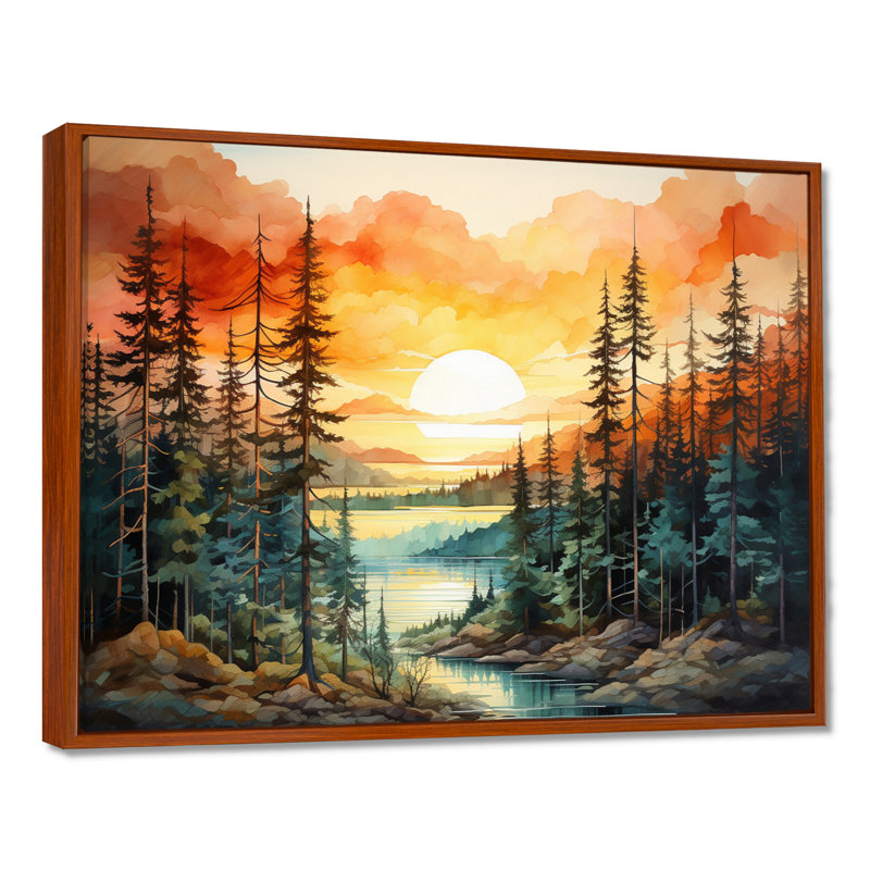 Pin, coucher de soleil brillant II - Pin, art mural, H 24 po x l 32 po x P 1 po, Cadre flottant brun