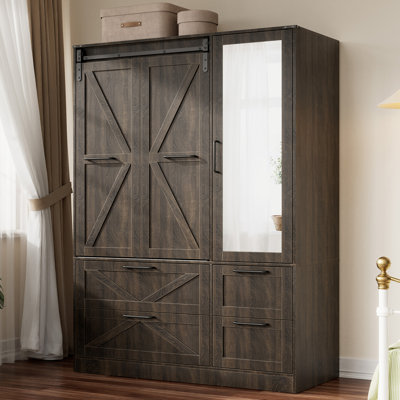 Armoire penderie avec porte de grange coulissante pliante et lumières à capteur (brun, 3 portes)