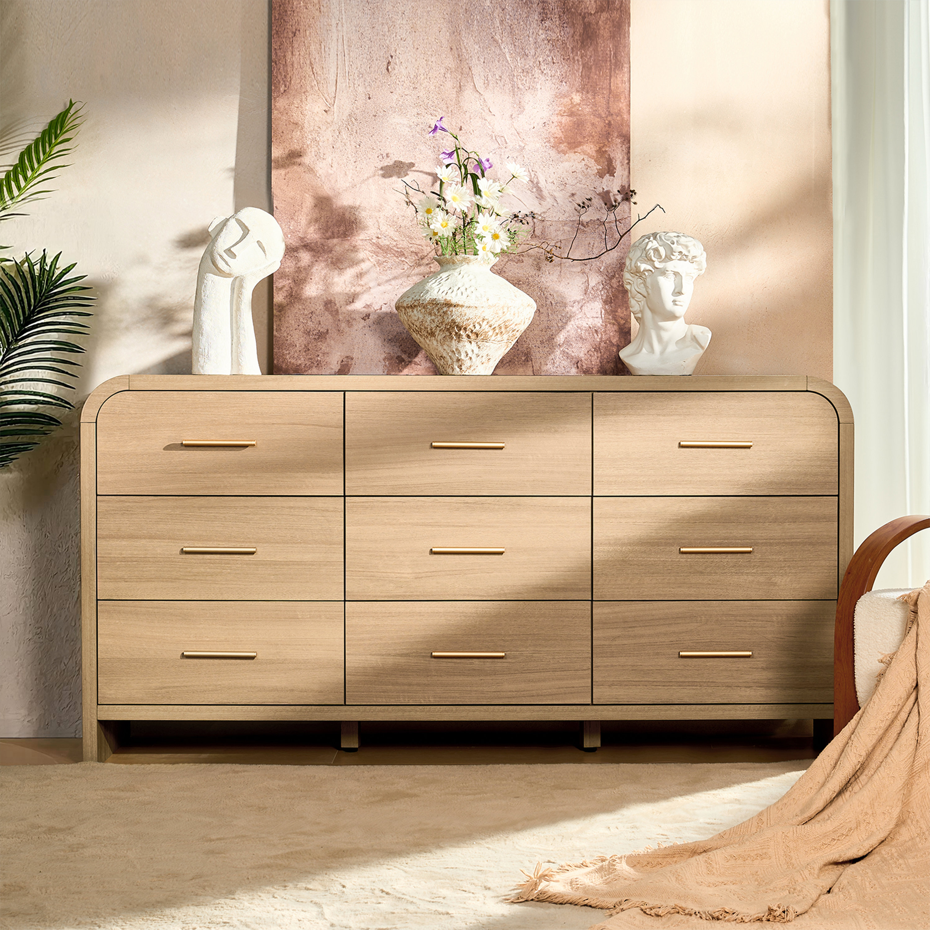 modern style dresser Ashcroft Furniture Lola Mid Century Walnut with 6 Drawers Luna Furniture natural tones blend seamlessly with bold black contour 3 Drawer Curved Dresser for