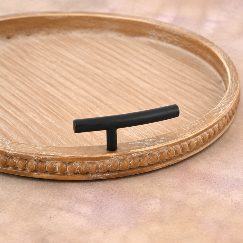 Round Wooden Beaded Decorative Serving Tray with Metal Handles