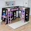 Lit mezzanine simple en L en bois avec lumières DEL RVB, ports USB et tablettes de rangement-777189713