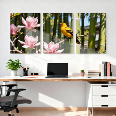 Magnolia rose et oiseau jaune sur toile de bambou, ensemble de 3 reproductions d'art sur toile tendues