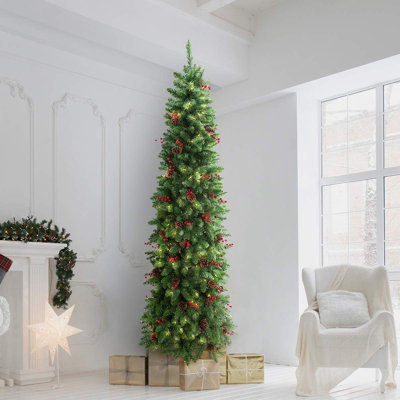  Pin de Noël mince 9 pi pré-éclairé - 500 lumières claires et 1450 pointes épaisses, support en métal pliable, support en métal à charnières