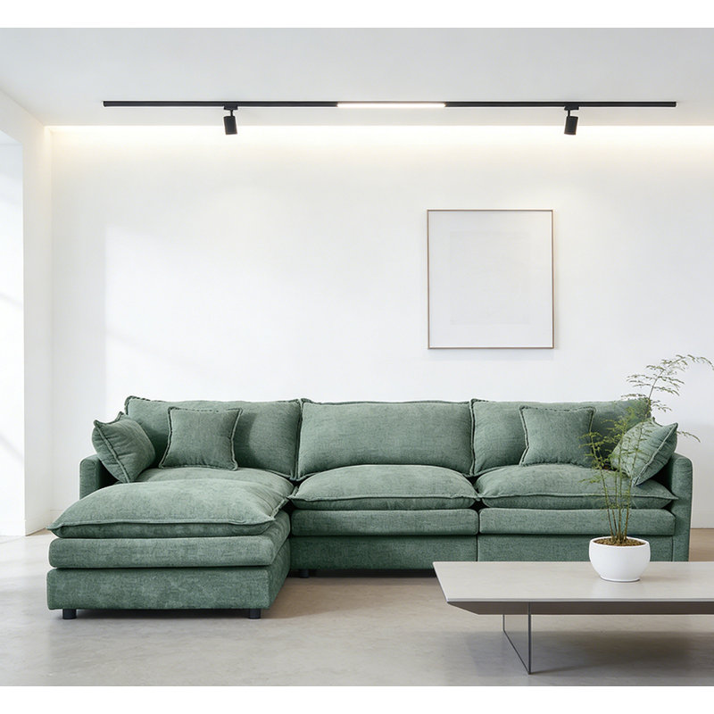 3-Seater Comfy Cloud Couches With Movable Ottoman, Mint Green