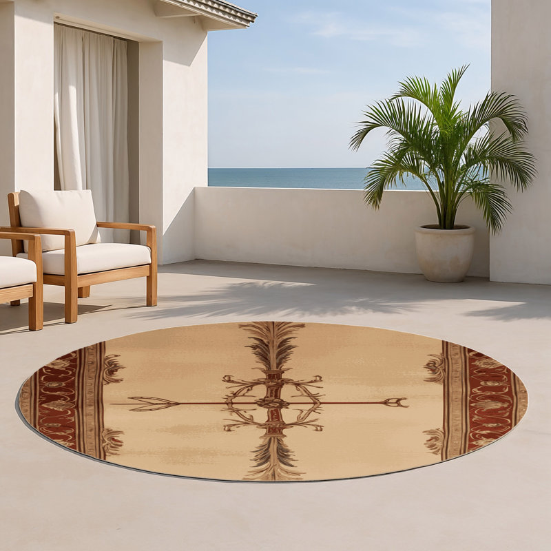 Tapis beige français d'intérieur et d'extérieur, Rond 5 pi