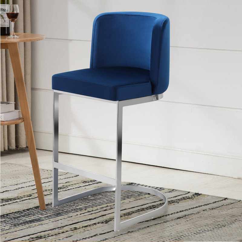 Bittencourt 26'' Upholstered Counter Stool, Velvet-Blue, 1