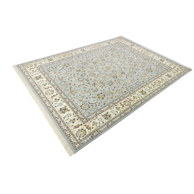 Tapis oriental bleu clair à motif floral traditionnel 9 x 12 Indo-Nain | Taille exacte: 8 pi 9 po x 12 pi